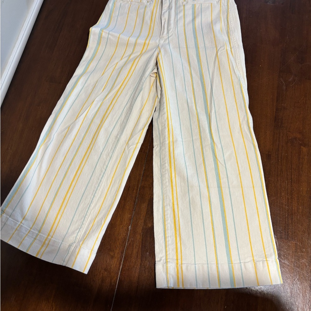 Madewell Cream Twill Barrel Leg Pants With Faint Yellow And Green Stripes